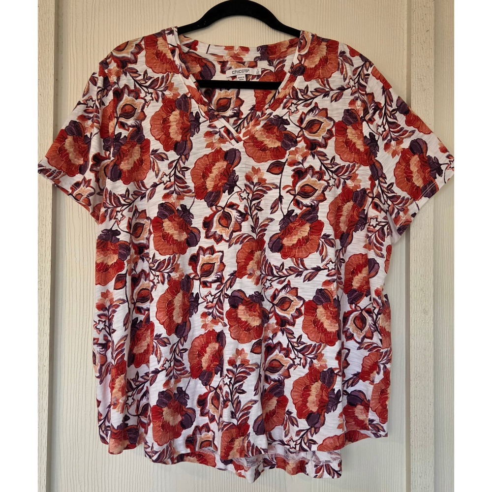 Chico's Floral Slub Knit Short Sleeve Top Plus Size XXL Fall Colors Cottage Boho